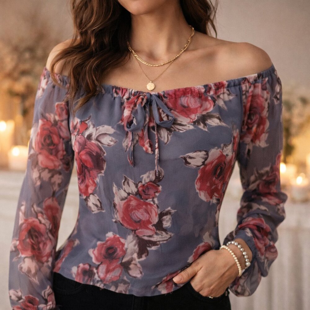 Anthropologie Sweet Pea Y2K Mesh Floral Top Sheer Stretch Off Shoulder Size M/L